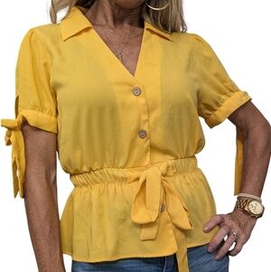 Sweet Rain Bright Yellow Belted Button-Up Shirt Short Sleeve Blouse Size XS